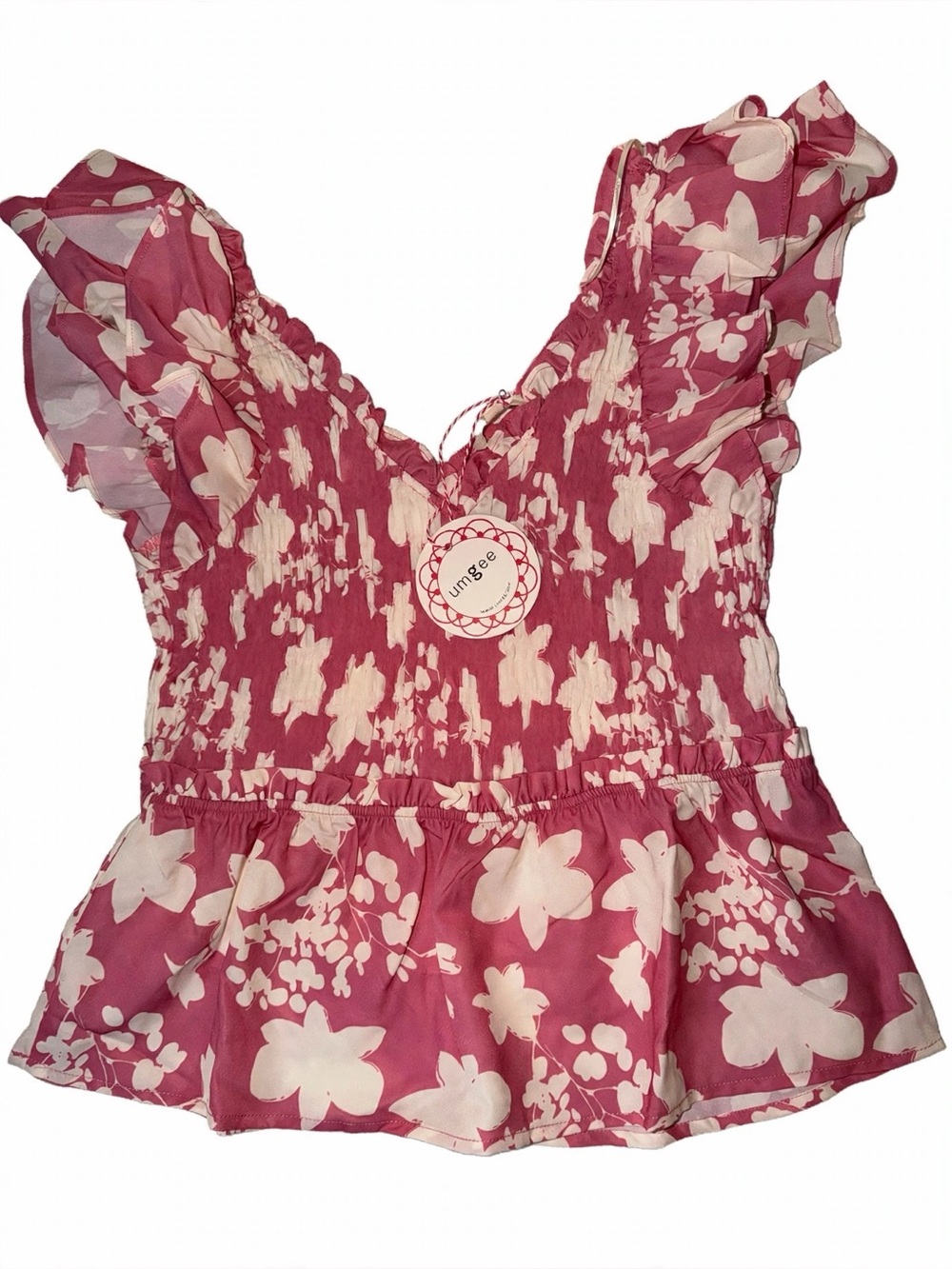 Umgee Pink & White Floral Smocked Peplum Ruffle Top